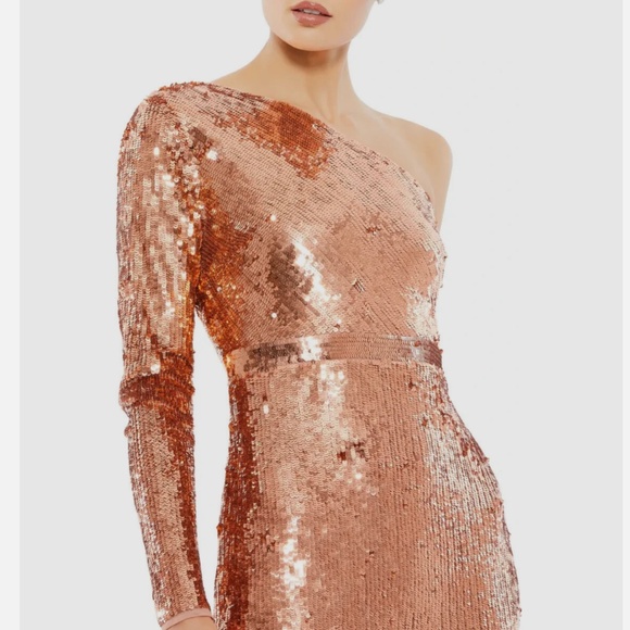 MAC DUGGAL 10788 COPPER SEQUIN ONE SHOULDER LONG SLEEVE COLUMN GOWN sz 8 - Picture 2 of 6